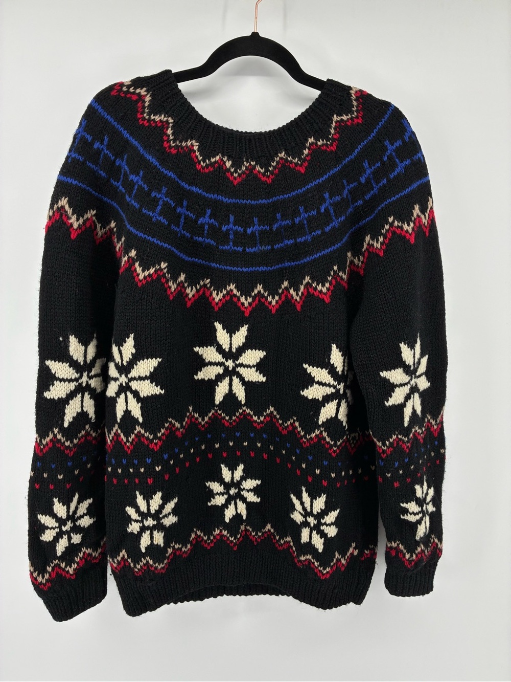 Vintage 80s 100% Wool Black Fair Isle Snowflake Sweater Handknit